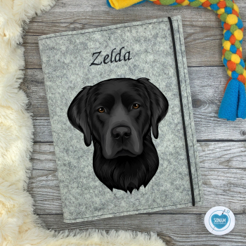 Preview: Dokumentenhülle Hund hellgrau meliert Designbeispiel Labrador schwarz